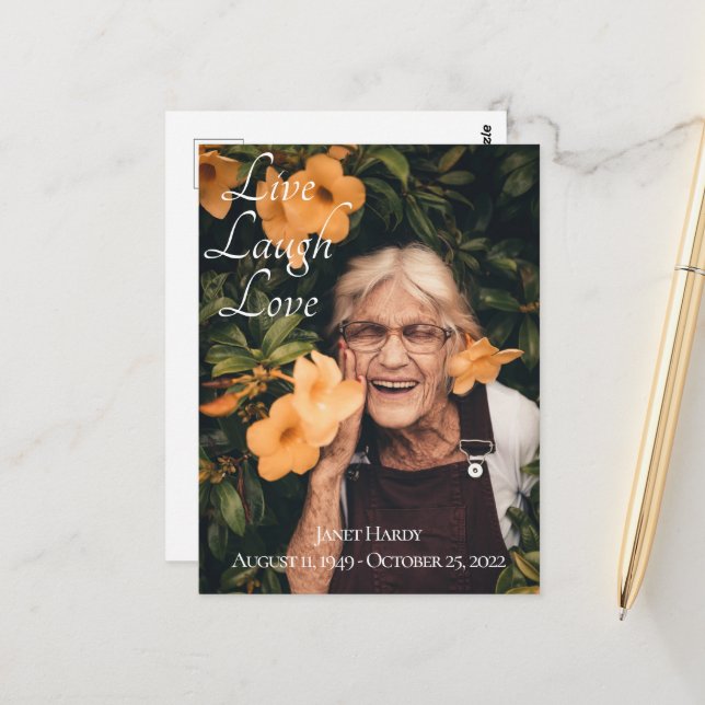 Carte de condoléances funéraires « Vivre Rire Aime (Devant/Arrière en situation)