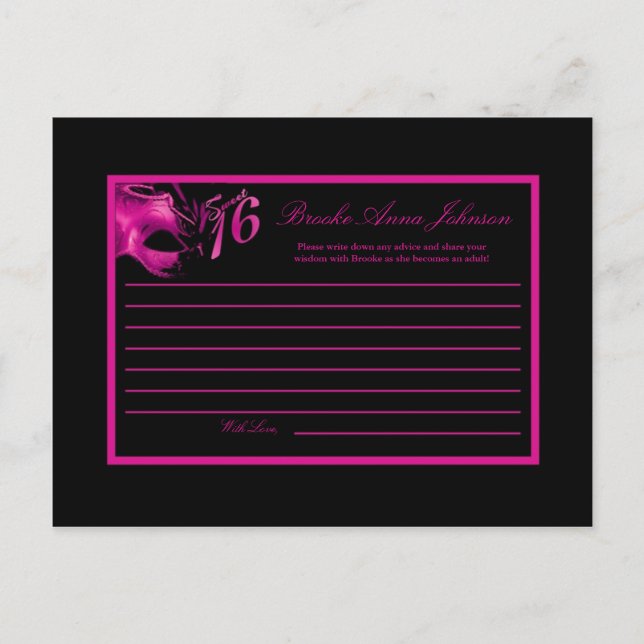 Carte de conseil écrit Sweet 16 Hot rose Black Par (Devant)