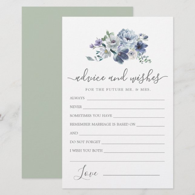 Carte de conseil et de souhaits Floral Dusty Blue  (Devant / Derrière)