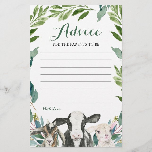 Carte de conseil pour Baby shower animal de ferme (Devant)