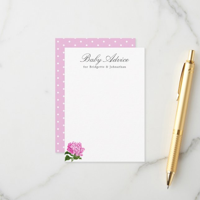 Carte de conseil pour bébé Hydrangea rose (Devant/Arrière en situation)