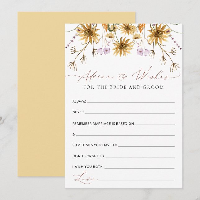 Carte de conseils de mariage Tournesol Élégant (Devant / Derrière)