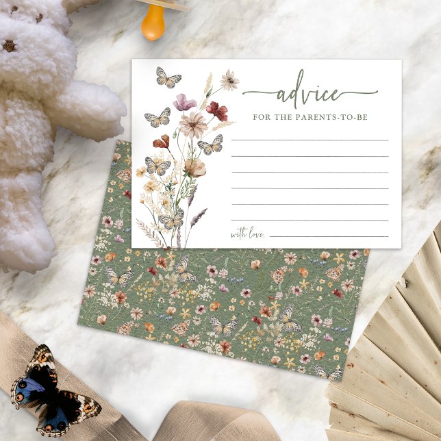 Carte de conseils Fleur sauvage Boho verte (Sage Green Boho Wildflower Advice Card with Butterflies by Painted Paperie
)
