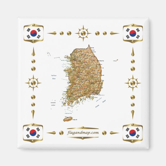 Carte de Corée du Sud + Magnet des drapeaux (Devant)