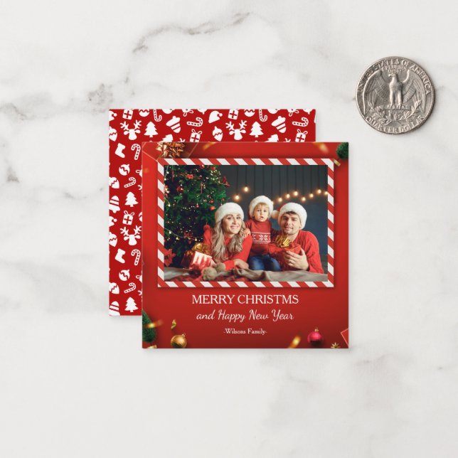 Carte De Correspondance 1 photos Joyeux Noël rouge famille (Devant/Arrière en situation)