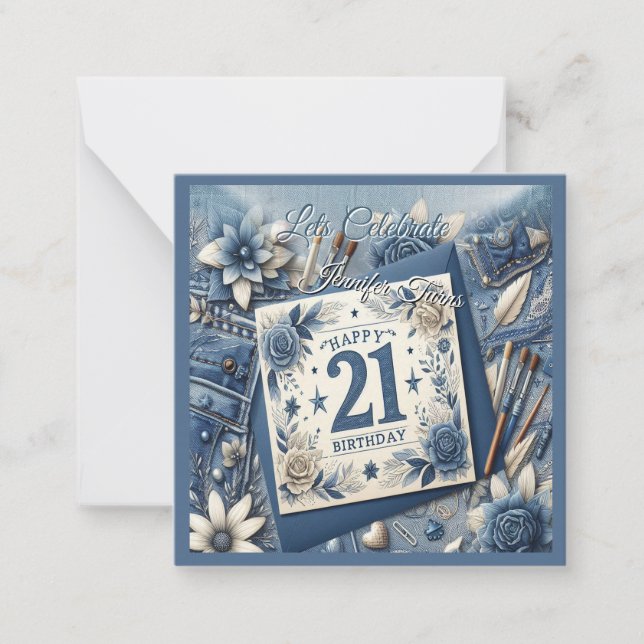 Carte De Correspondance 21e Anniversaire crème bleu fleur amande (Devant)