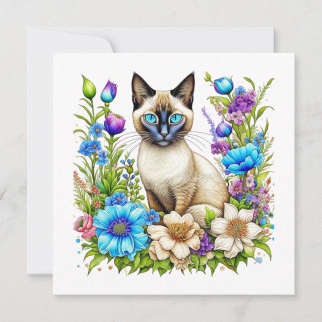 Carte De Correspondance Ai Aquarelle Siamese Chat en Fleurs (Devant)