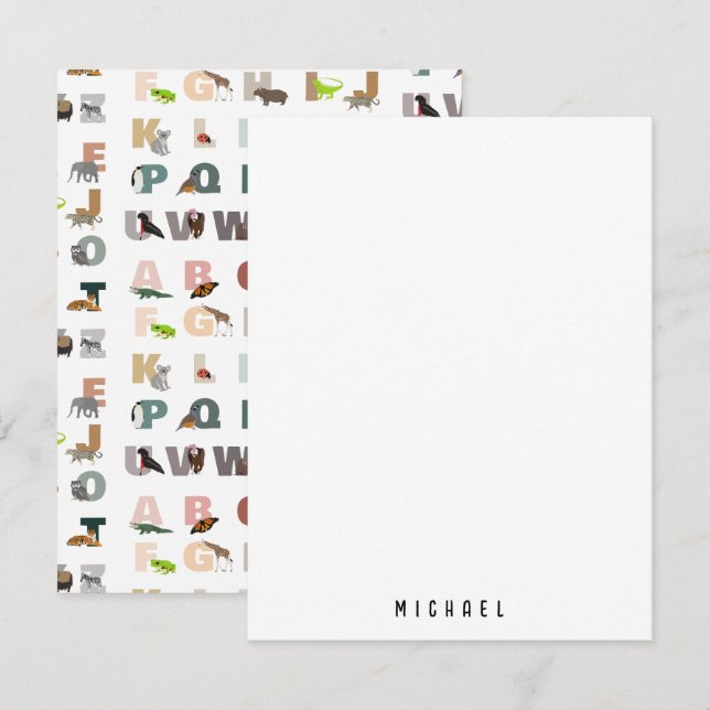 Carte De Correspondance Alphabet Douillet ABC Animaux Nom Personnalisé Éco (Devant / Derrière)