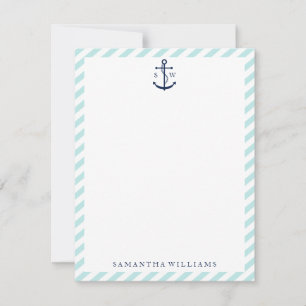 Carte De Correspondance Ancre bleue sur les rayures de menthe Notes de rem