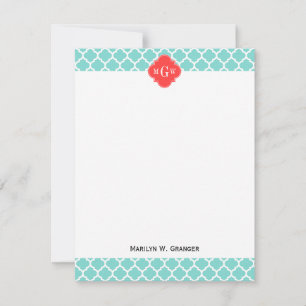 Carte De Correspondance Aqua Marocain #5 Coral Rouge 3 Monogramme initial