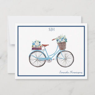 Carte De Correspondance Aquarelle blanche bleue Florale Bicyclette Nom du 