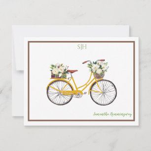 Carte De Correspondance Aquarelle blanche Floral Bicyclette Nom du monogra