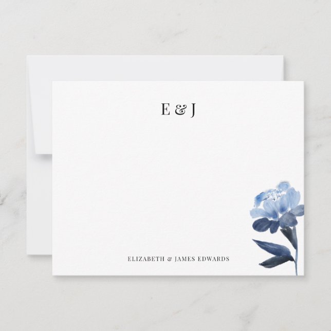 Carte De Correspondance Aquarelle Bleue Classique Élégant Couple Initiales (Devant)