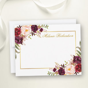 Carte De Correspondance Aquarelle Bourgogne Floral Gold Frame Personnalisé