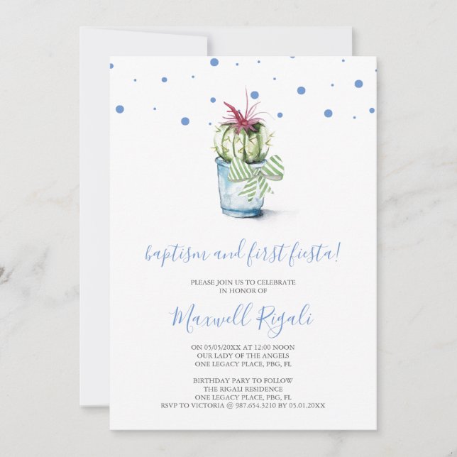 Carte De Correspondance Aquarelle Cactus Baptême et premier anniversaire (Devant)
