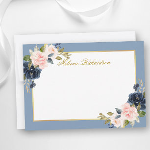 Carte De Correspondance Aquarelle Fleurs Roses Poussiéreux Bleu - Choisiss