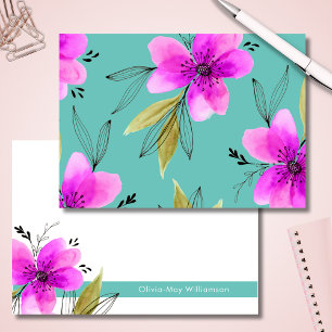Carte De Correspondance Aquarelle florale turquoise et rose personnalisée