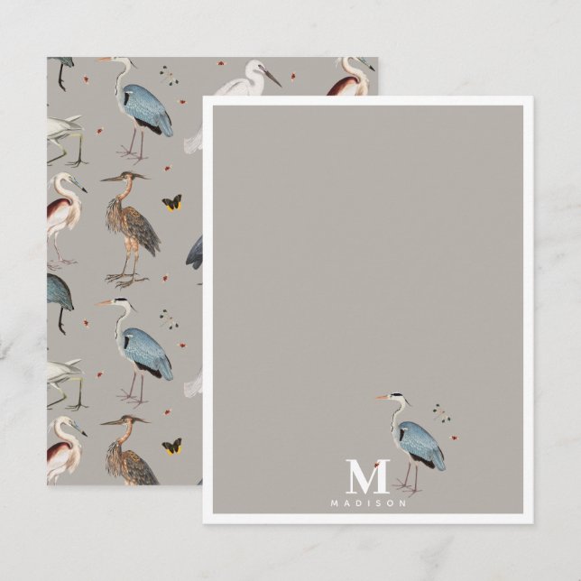 Carte De Correspondance Aquarelle Heron Bird Egret Nature Monogramme (Devant / Derrière)