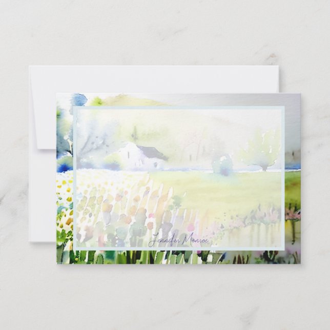 Carte De Correspondance Aquarelle jardin de campagne église personnalisée (Devant)