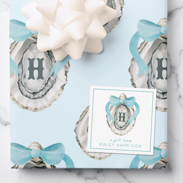 Carte De Correspondance Aquarelle Monogramme Côte Bleu Bow Huître (Créateur téléchargé)
