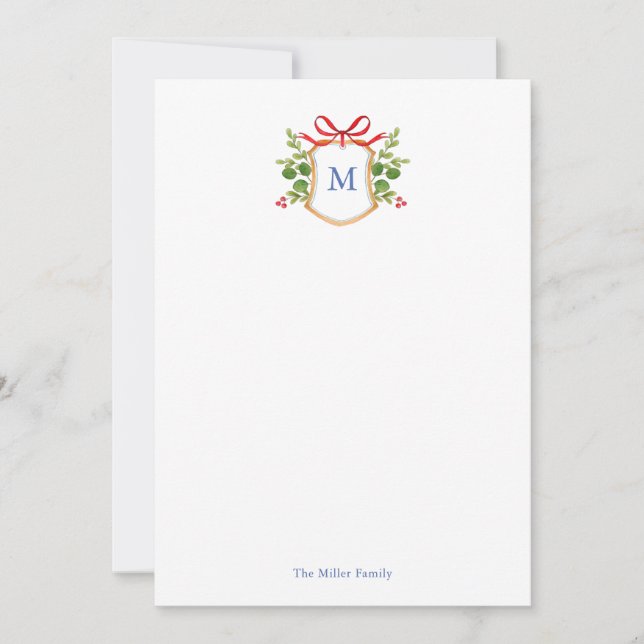 Carte De Correspondance Aquarelle Monogramme crête avec verdure (Devant)