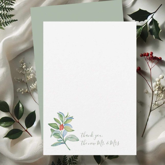 Carte De Correspondance Aquarelle Noël Holly & Berries Merci (Christmas thank you card watercolor botanical art by Victoria Grigaliunas of Do Tell A Belle)
