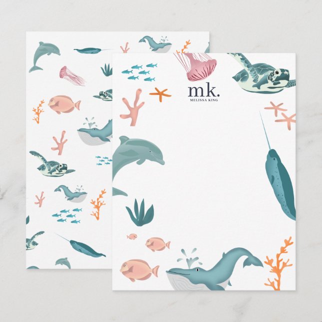 Carte De Correspondance Aquarelle Océan Animaux de mer Monogramme (Devant / Derrière)
