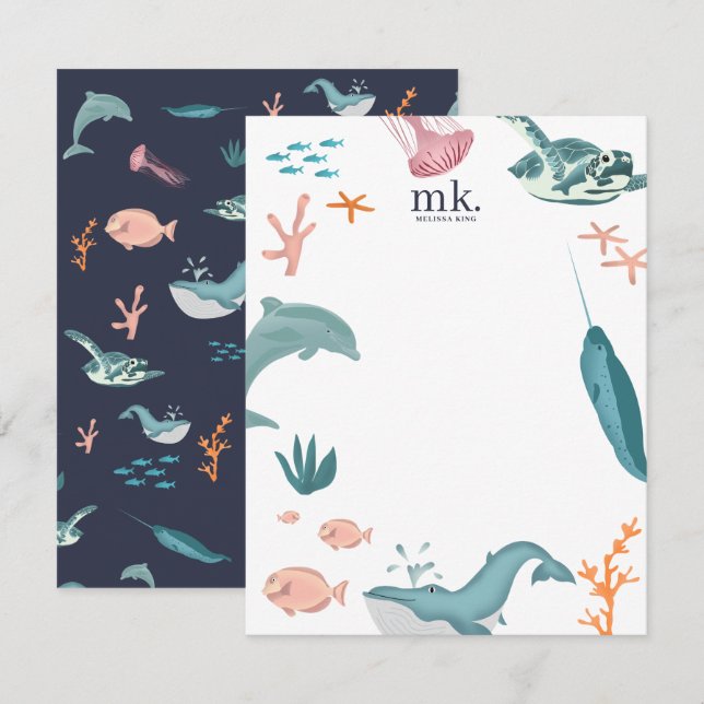 Carte De Correspondance Aquarelle Océan Animaux marins Monogramme Bleu (Devant / Derrière)