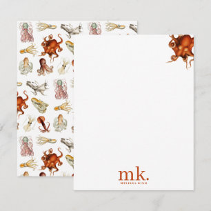 Carte De Correspondance Aquarelle Octopus Océan Animaux Motif Monogramme