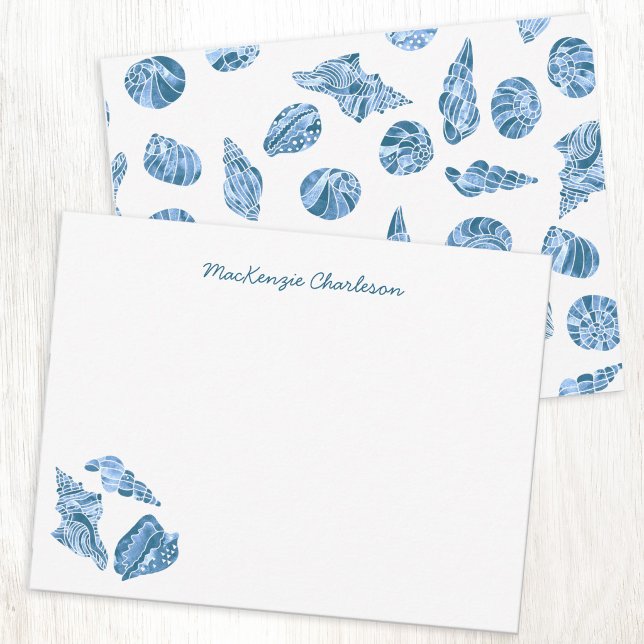 Carte De Correspondance Aquarelle personnalisée de coquillages marins côti (Personalized custom script name watercolor sea shell nautical coastal blue white notecard stationery)