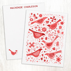 Carte De Correspondance Aquarelle personnalisée rouge d'oiseaux et de fleu