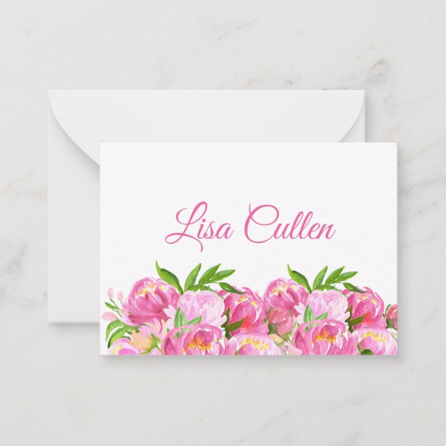 Carte De Correspondance Aquarelle Pink Peonies Merci Script (Devant)