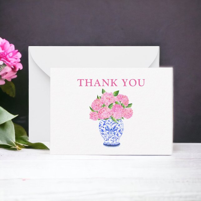 Carte De Correspondance Aquarelle rose Hydrangeas Chinoiserie Merci (Créateur téléchargé)
