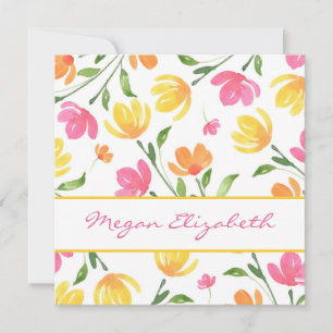 Carte De Correspondance Aquarelle rose jaune orange Motif de tiges florale