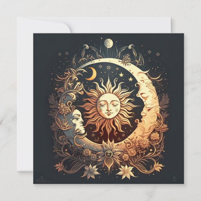 Carte De Correspondance Aquarelle Soleil et Lune Céleste (Devant)