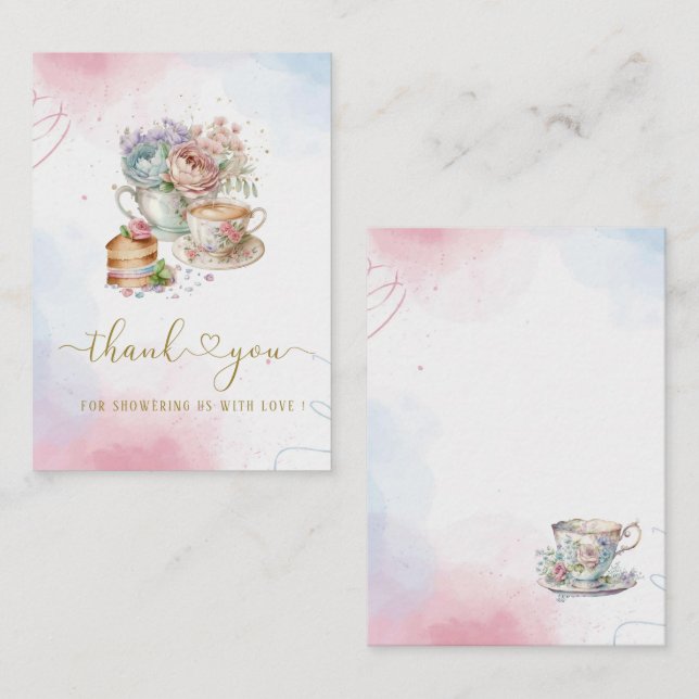 Carte De Correspondance Aquarelle Tea Party Pink Gold merci (Devant / Derrière)