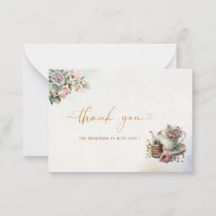 Carte De Correspondance Aquarelle thé fête or rose merci