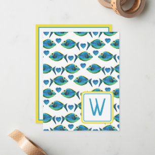 Carte De Correspondance Aquarelle Tropical Blue Fish and Hearts Monogramme