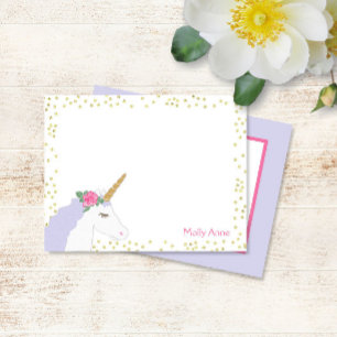 Carte De Correspondance Aquarelle Unicorne rose violet or Parties scintill