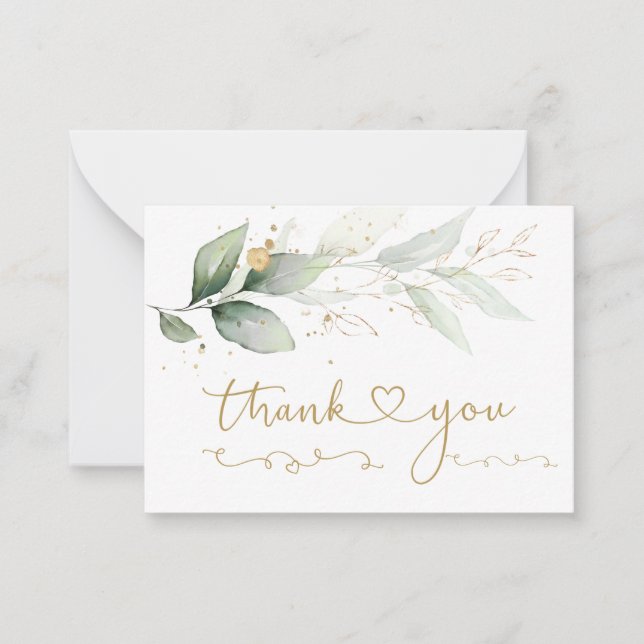 Carte De Correspondance Aquarelle vert & or feuillage Merci (Devant)