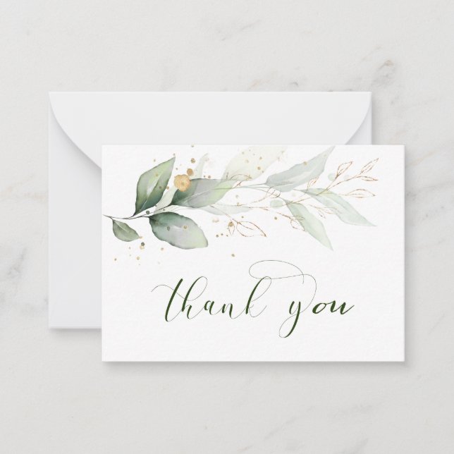 Carte De Correspondance Aquarelle vert & or feuillage Merci (Devant)