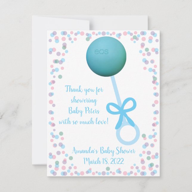 Carte De Correspondance Baby Rattle Douche Faveur, EOS baume à lèvres (Devant)