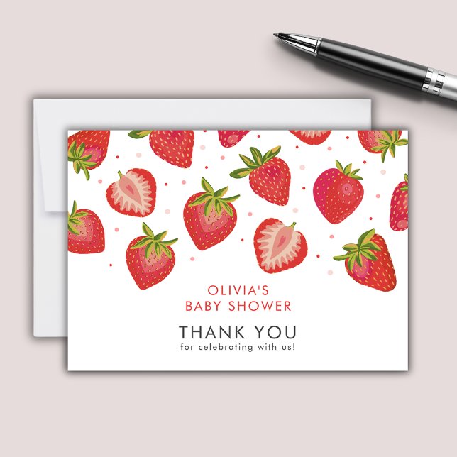 Carte De Correspondance Baby shower Filles fraises (Strawberry Baby Shower thank you notecards)