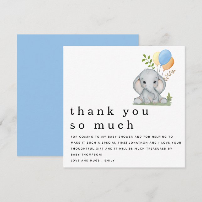 Carte De Correspondance Baby shower petit éléphant bleu Merci bleu (Devant / Derrière)