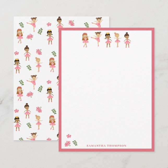 Carte De Correspondance Ballet Pink Ballerinas Motif dansant (Devant / Derrière)