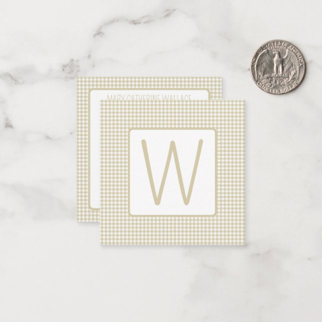 Carte De Correspondance Beige and White Gingham Plaid Monogram (Devant/Arrière en situation)