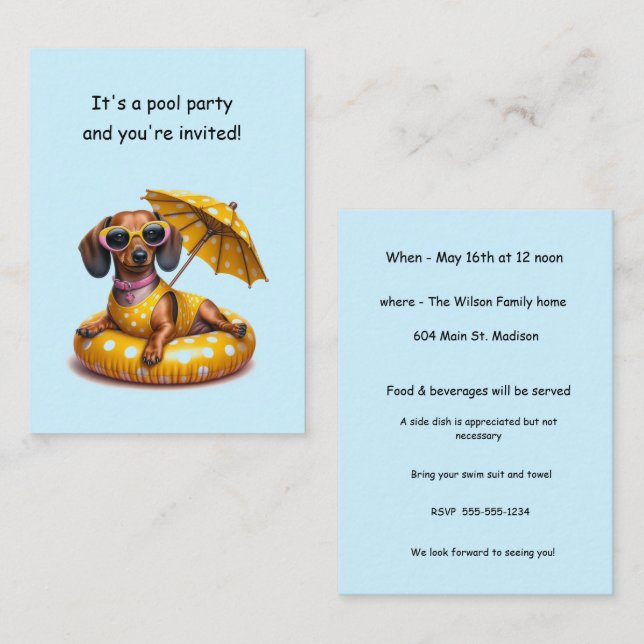 Carte De Correspondance Bikini Dachshund Pool (Devant / Derrière)