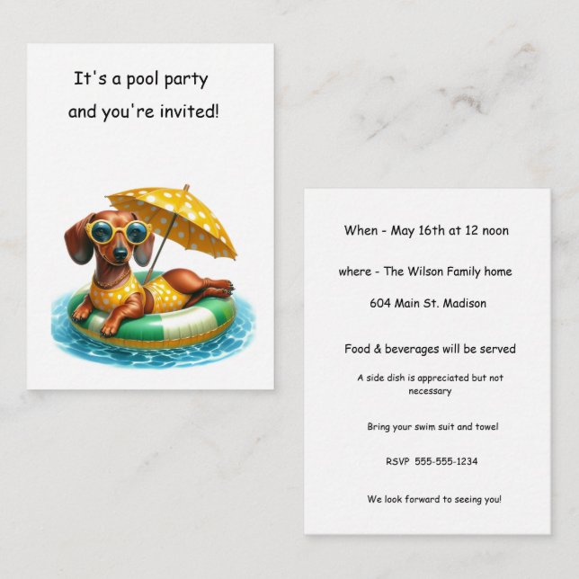 Carte De Correspondance Bikini Dachshund Pool (Devant / Derrière)