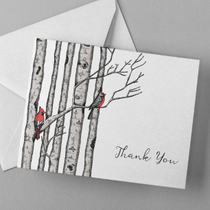 Carte De Correspondance Birch Trees modernes et Merci aux oiseaux rouges