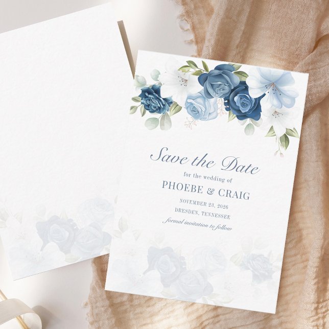 Carte De Correspondance Bleu Dusty Floral Bloom Enregistrer la date Annonc (Dusty Blue Floral Bloom Save the Date Announcement)